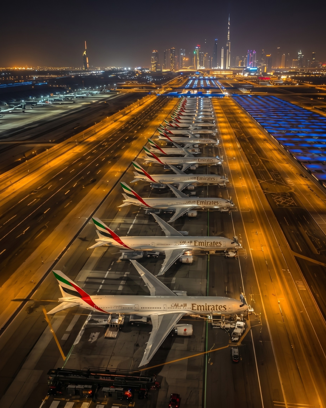 Dubai International Airport Emirates aircraft fleet at night for Travel Tickets and Visa Services by Visa King UAE