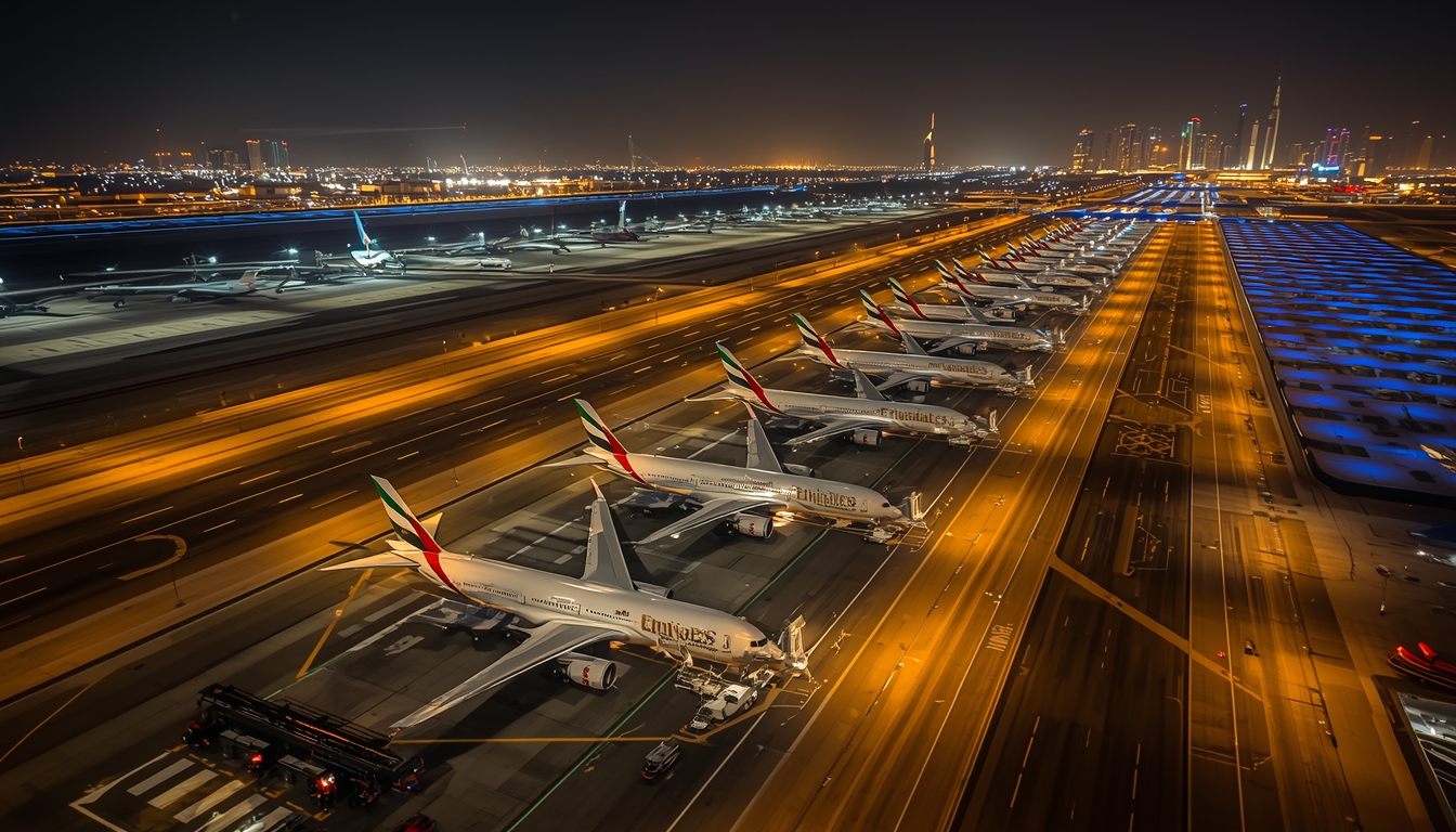 Dubai International Airport Emirates aircraft fleet at night for Travel Tickets and Visa Services by Visa King UAE